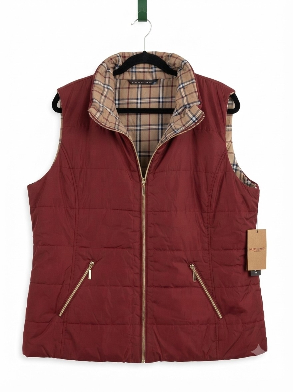 Weatherproof Quilted Burgundy Vest with Plaid Lining and Gold Hardware